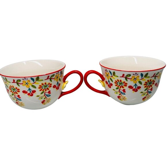 ANTHROPOLOGIE Cadiz Coffee Tea Cup Mug Painted Floral Design 3D Flower Red Set - Picture 2 of 16